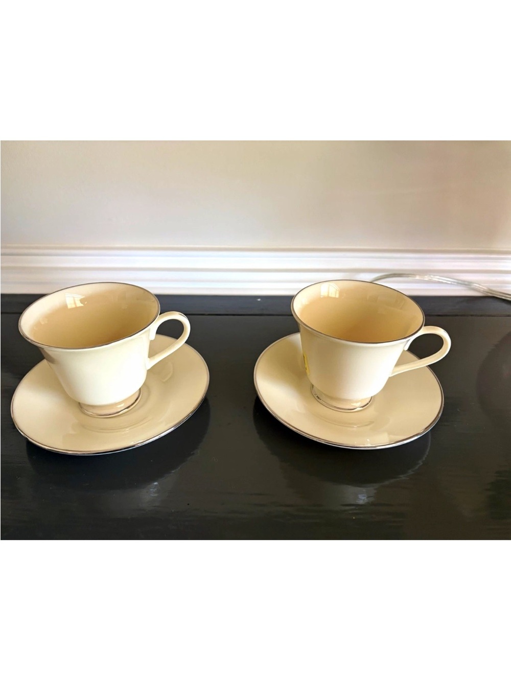 Lenox Cream Porcelain Teacup and Saucer Set with Silver Trim - Pair
